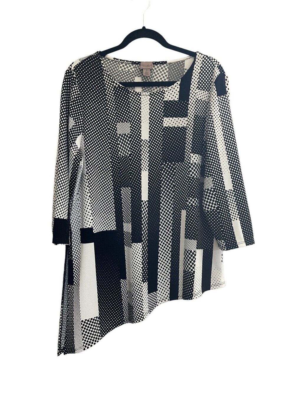 CHICOS EASYWEAR TUNIC TOP Size 2 Asymmetrical Dot Black White Slit #7141